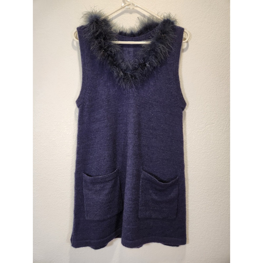 Vintage Navy Blue Knit Tunic Dress Faux Fur Trim V-Neck Pockets  Korea y2K